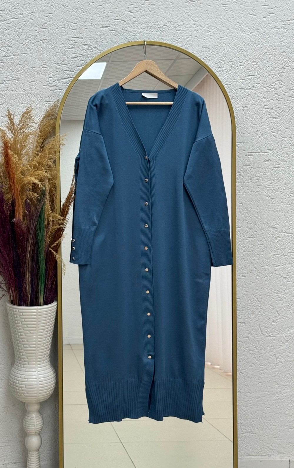 Lamilia Kol Ucu Düğme Detay Soğuk İp Uzun Hırka-SY3250 İndigo