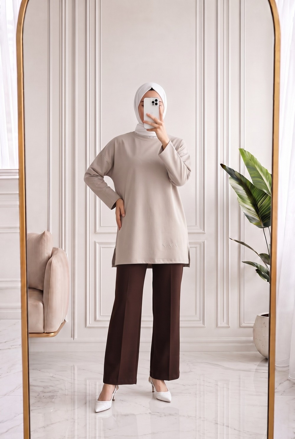 Mahay Kalp Nakışlı Yırtmaçlı Tunik-SS13074 Taş