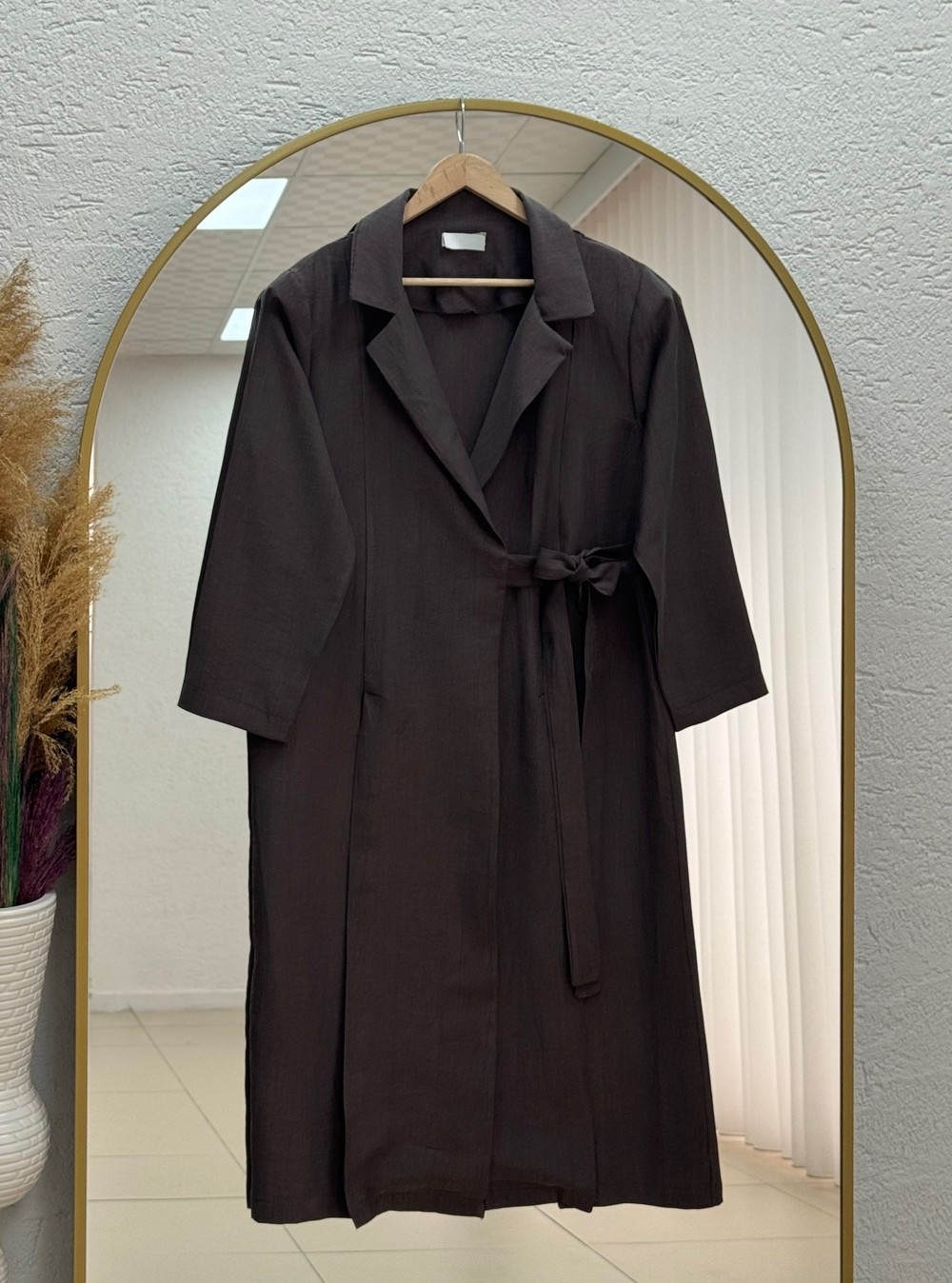 Mahbanu Gömlek Yaka Yırtmaçlı Kimono Kap-EK1107 Kahve
