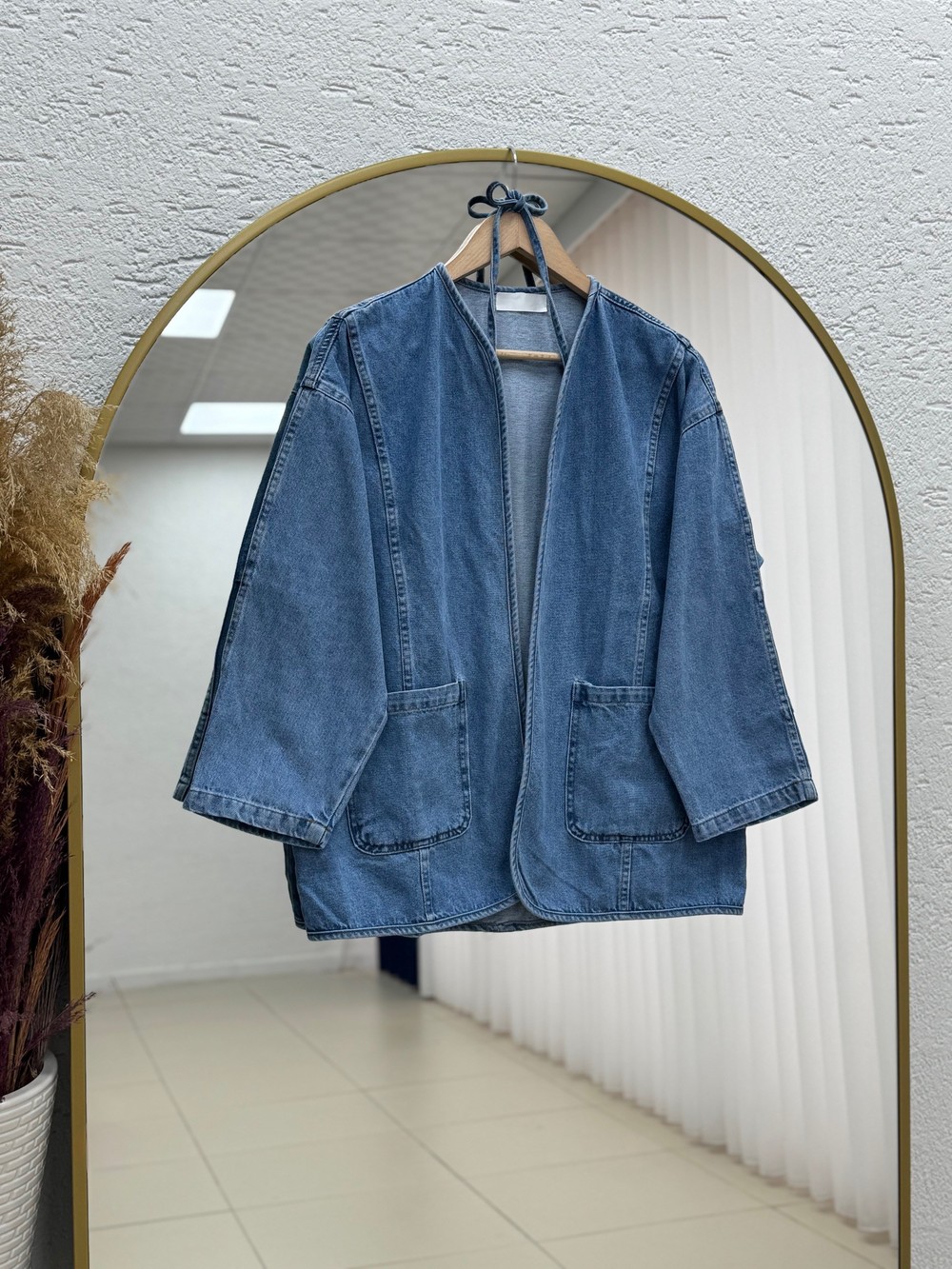 Mahira Çift Cepli Belden Bağlamalı Kot Kimono-LS2584 Mavi