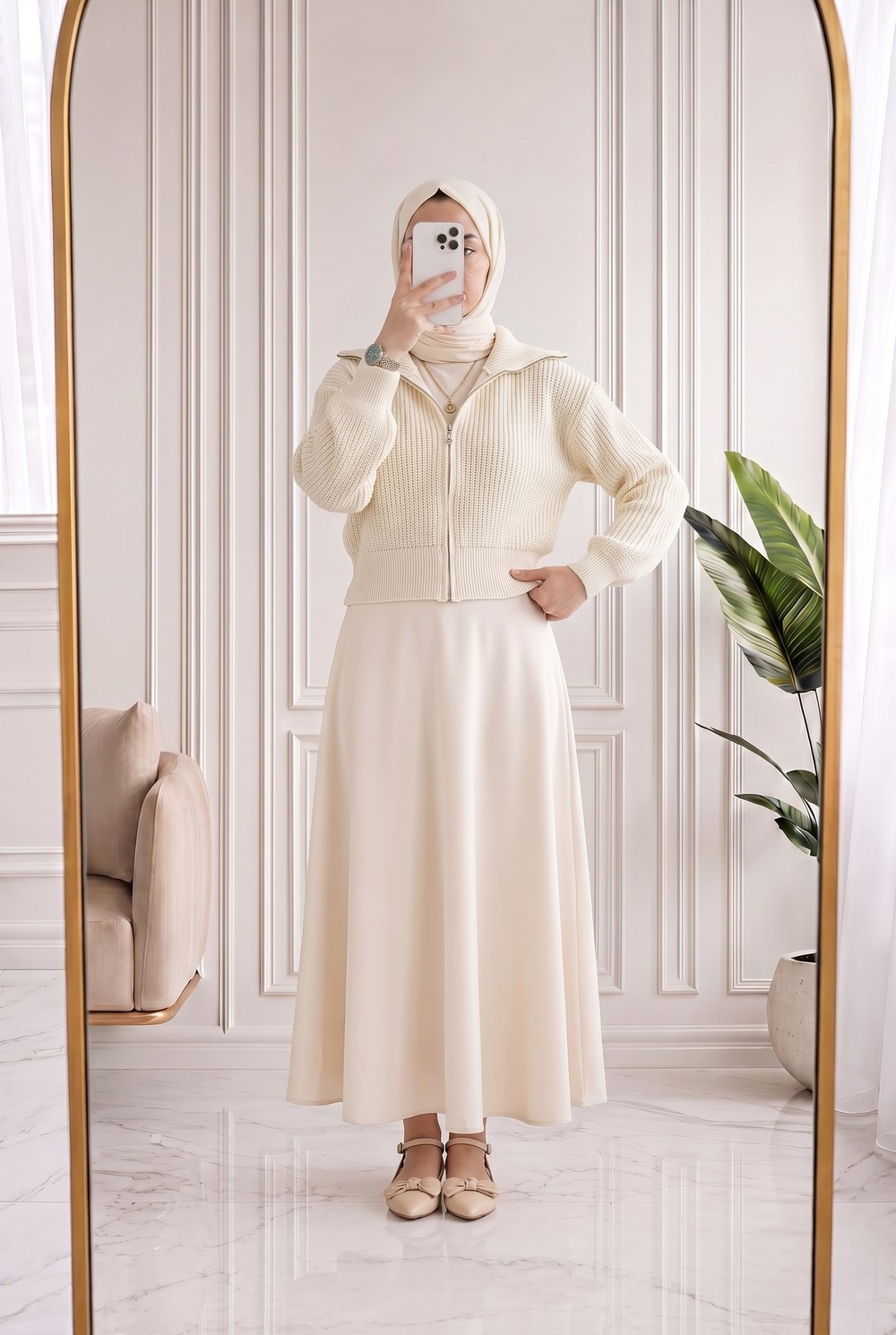 Mahnur Fermuarlı Boğazlı Triko Hırka-KR6005 Ekru
