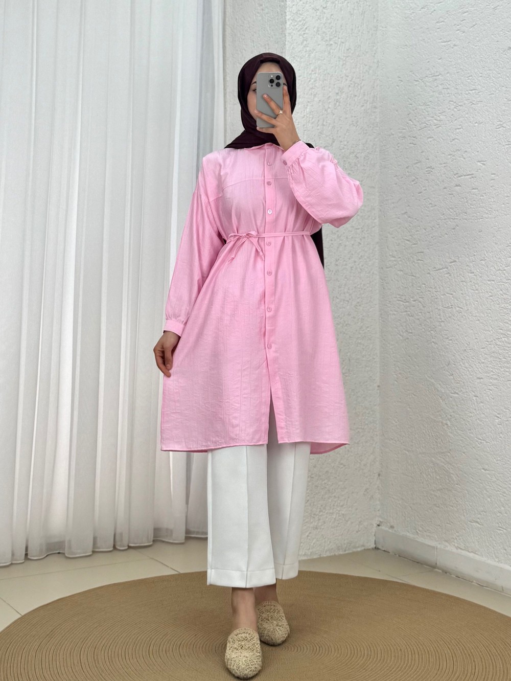 Marira Büzgülü Bağcıklı Uzun Çilek Gömlek-PE262 Pembe
