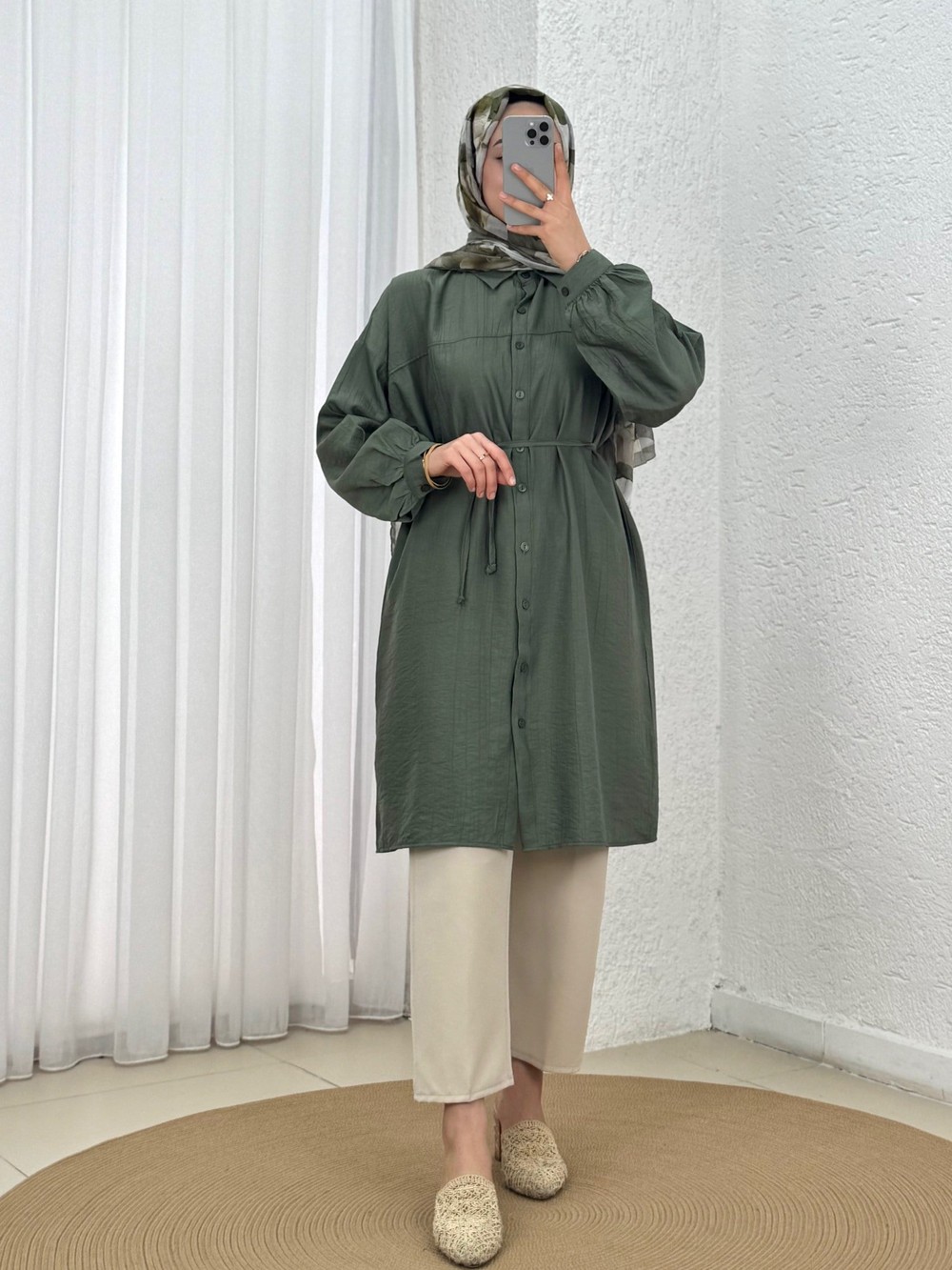 Marira Büzgülü Bağcıklı Uzun Çilek Gömlek-PE262 Haki