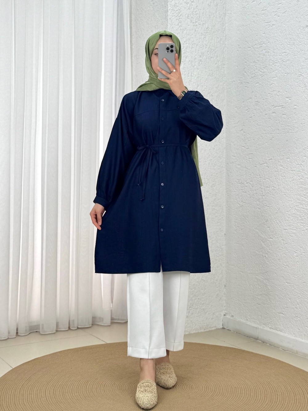 Marira Büzgülü Bağcıklı Uzun Çilek Gömlek-PE262 Lacivert