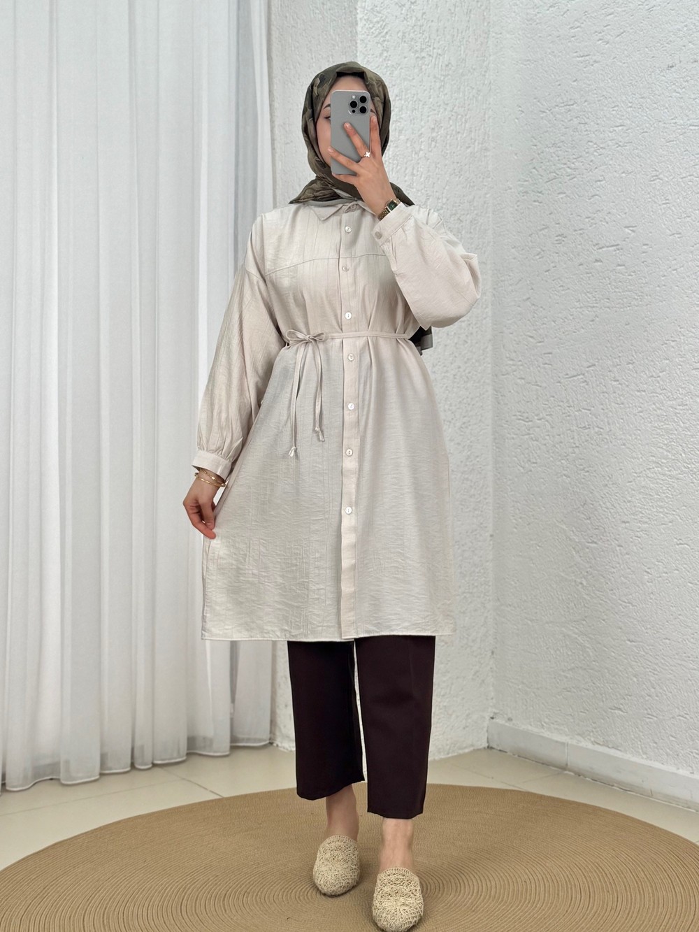 Marira Büzgülü Bağcıklı Uzun Çilek Gömlek-PE262 Taş