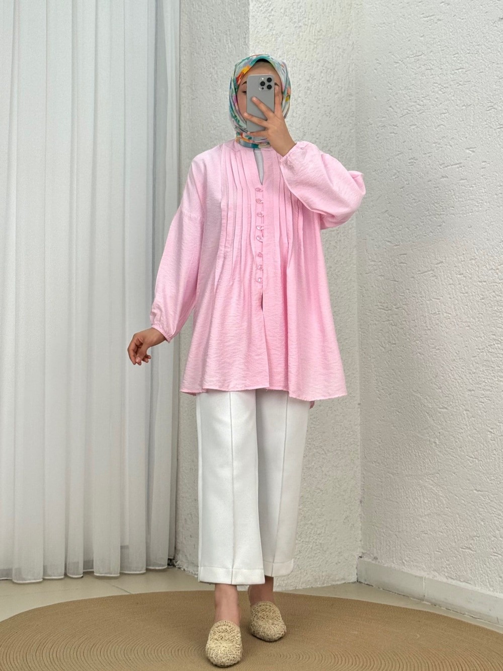 Maroria Pileli  Düğmeli Gömlek-NA803 Pembe