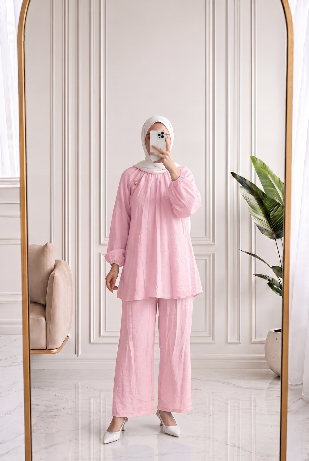Mehnur Bağlamalı Balon Kol Pantolonlu Vual Takım-EY1054 Pembe
