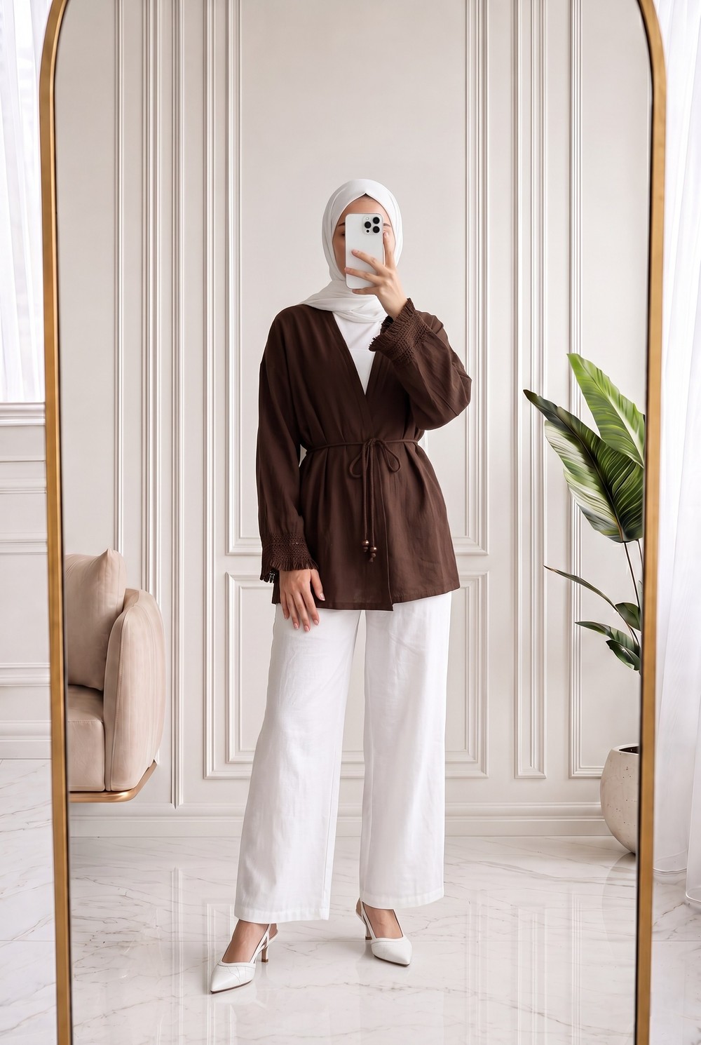 Melihan Kol Ucu Püsküllü Bağlamlı Keten Kimono-SS13162 Kahve