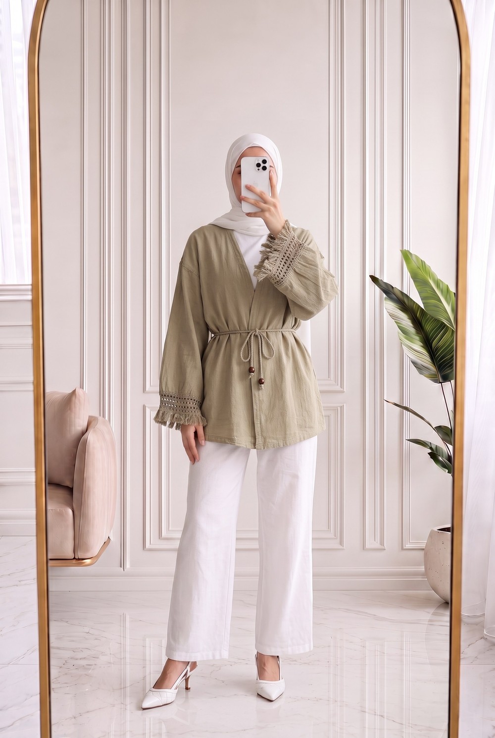 Melihan Kol Ucu Püsküllü Bağlamlı Keten Kimono-SS13162 Vizon