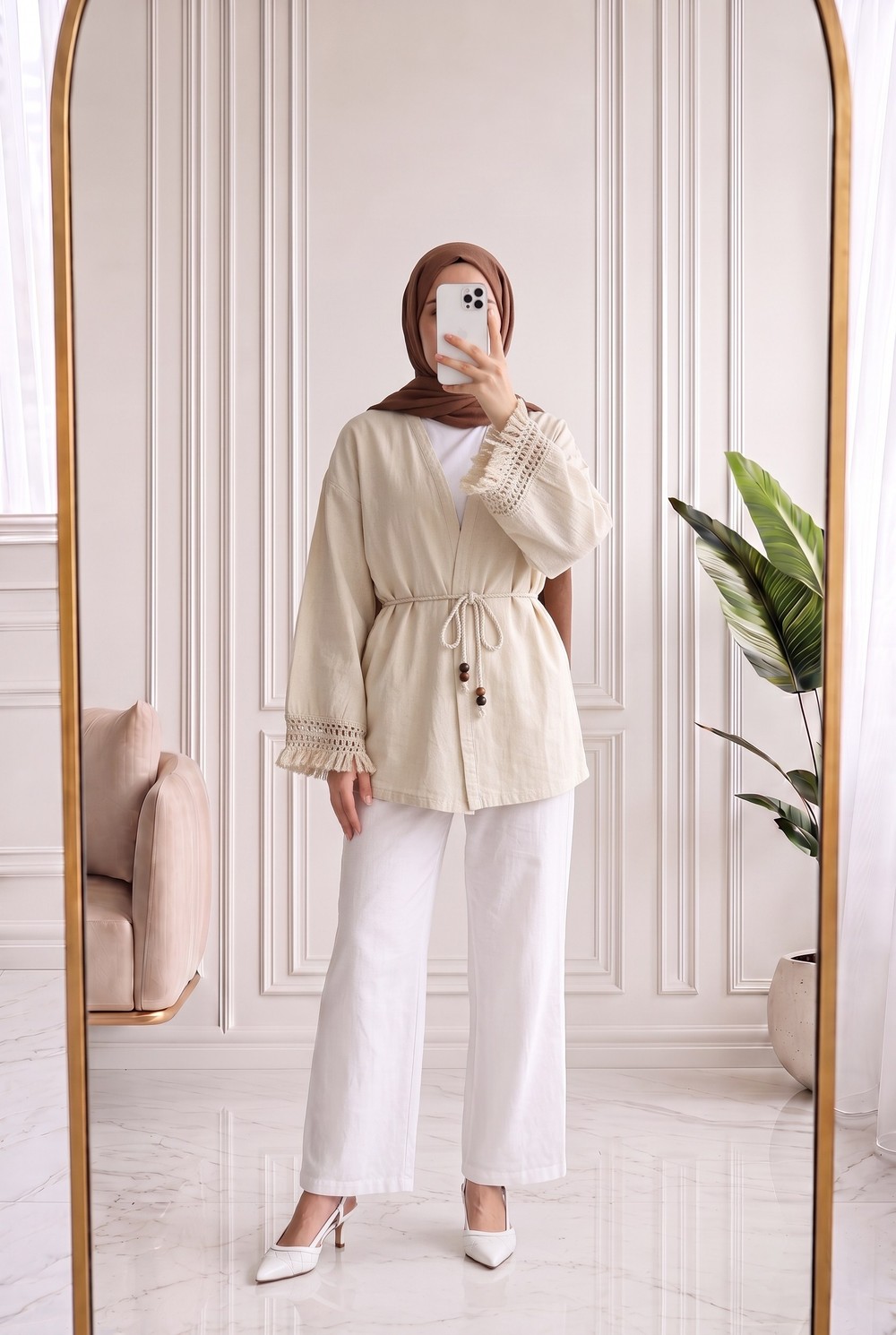 Melihan Kol Ucu Püsküllü Bağlamlı Keten Kimono-SS13162 Taş