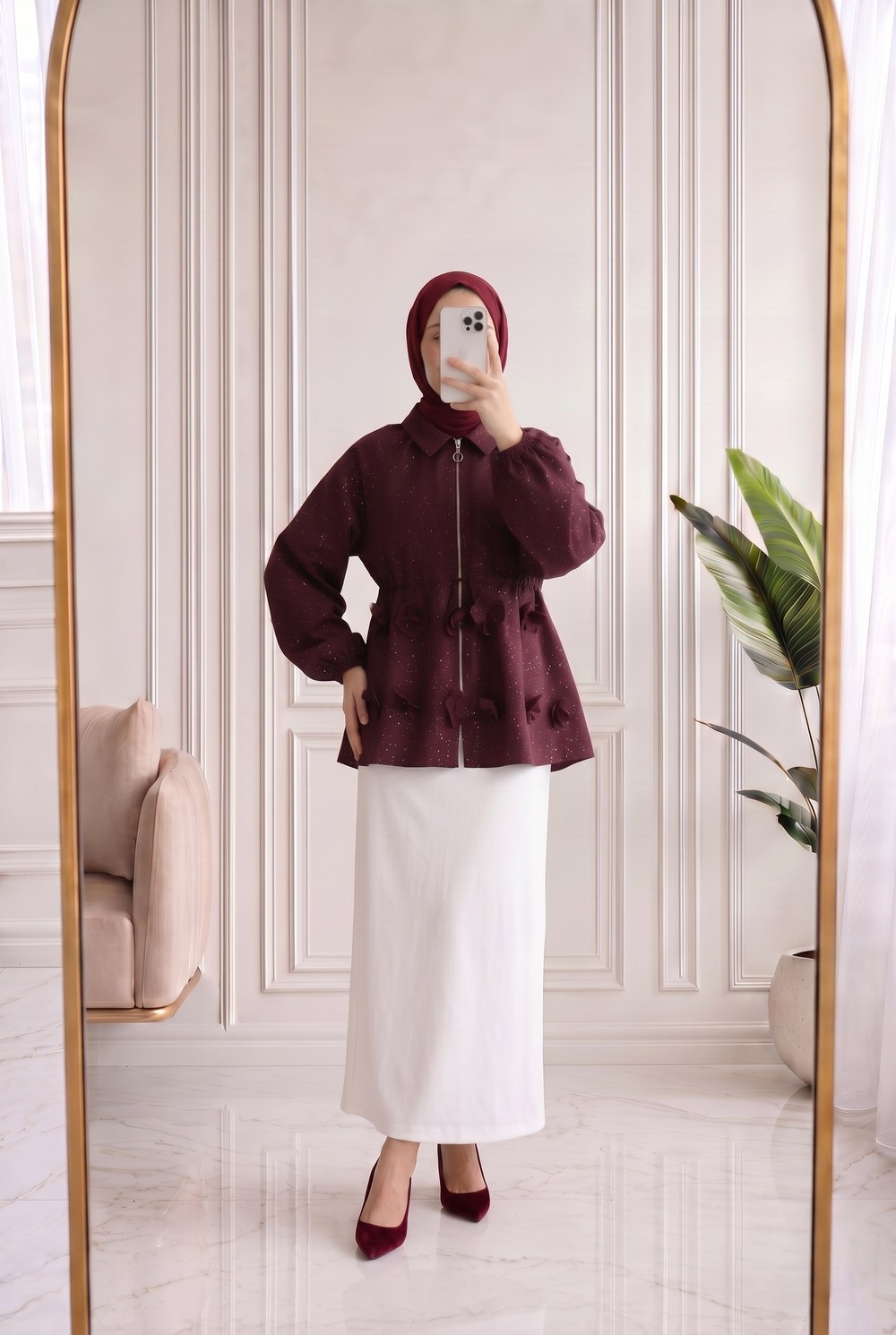 Melisu Çiçek Detaylı Parıltılı Ceket-BN4726 Bordo