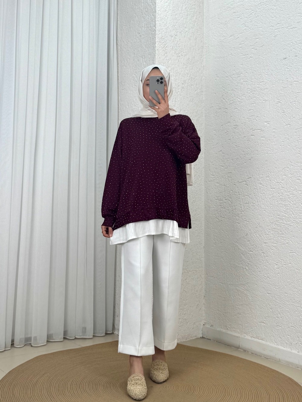 Meşe Altı Piliseli Taşlı Tunik-MF1894 Mürdüm