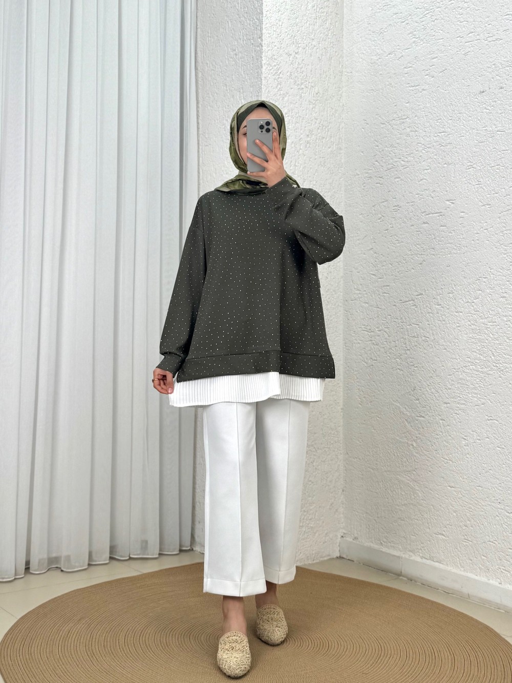 Meşe Altı Piliseli Taşlı Tunik-MF1894 Haki