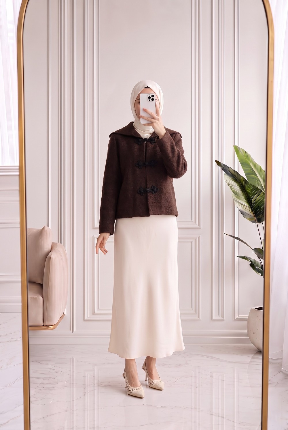 Minaşah Düğmesi Çiçek İşlemeli Yakalı Triko Hırka-KR6029 Kahve