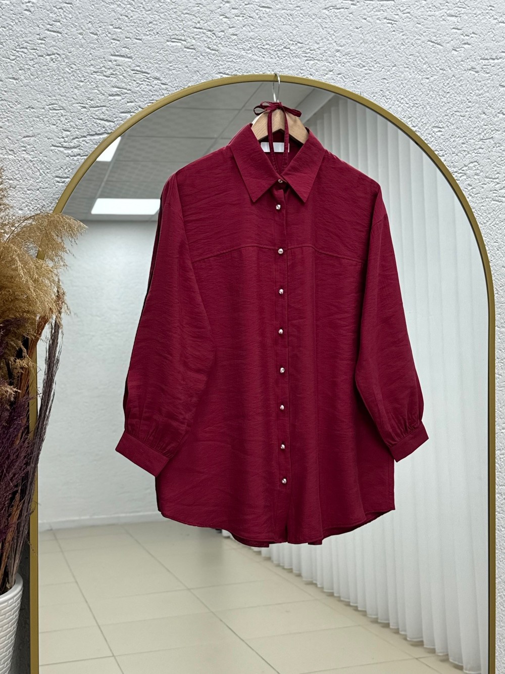 Münevver Robalı Kolu Biyeli Gömlek-ZN2094 Bordo
