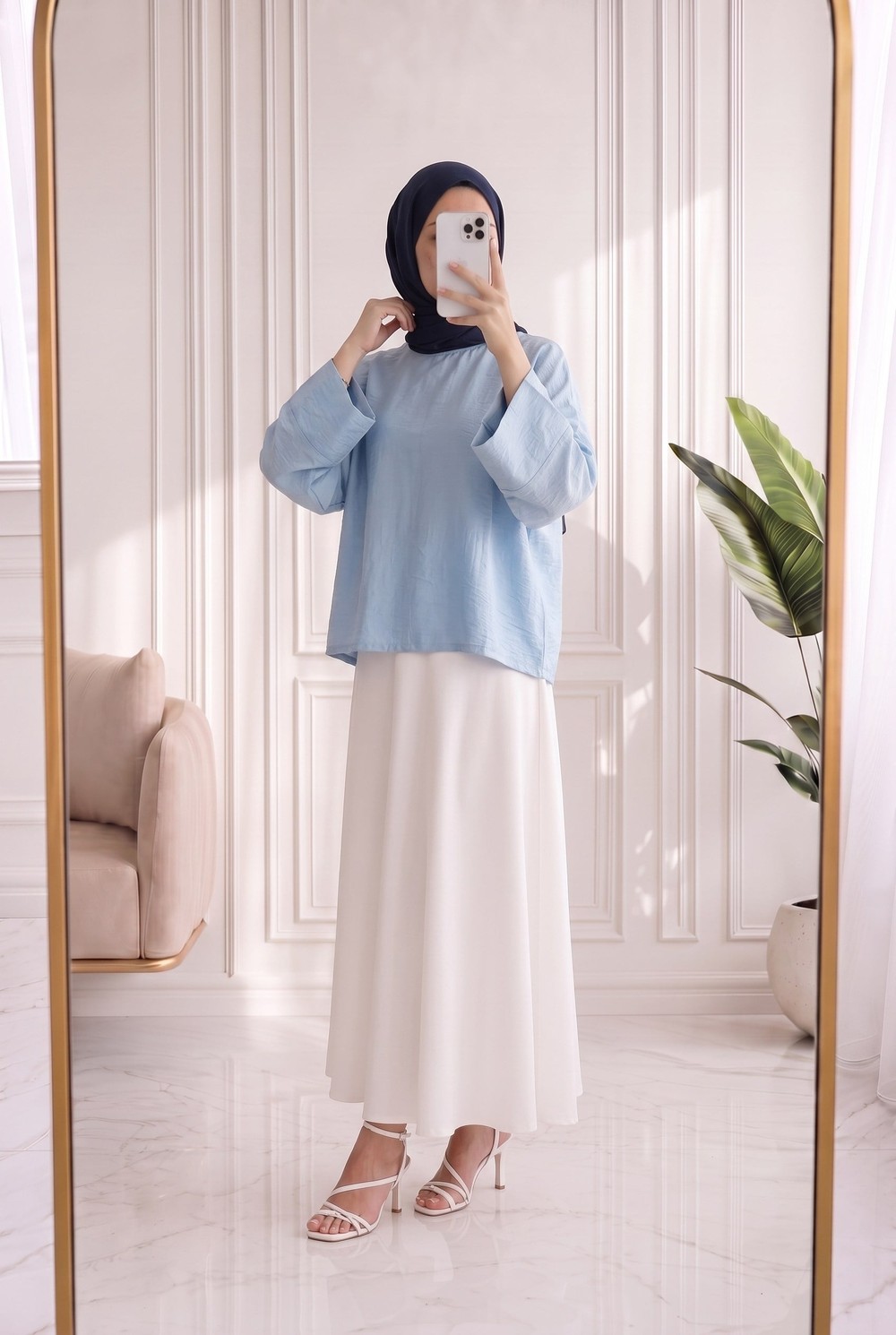 Nigar Geniş Kol Çilek Bluz-AS5979 Mavi