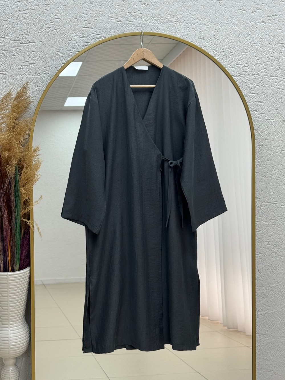 Nigaray Yanı Bağlamalı Uzun Kimono-EK991 Antrasit