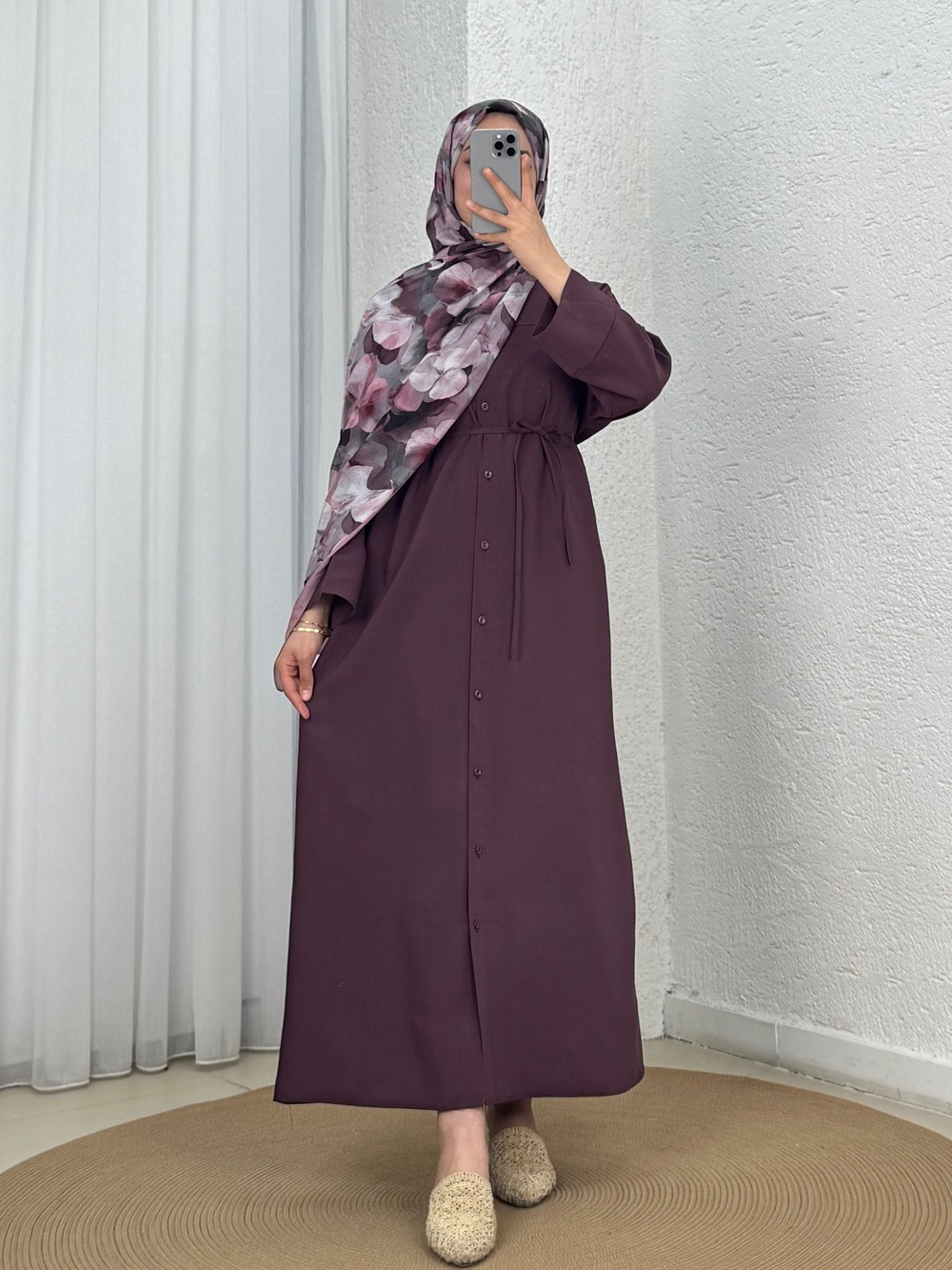 Nuboria Kadın Tesettür Yazlık Gömlek Elbise/Robalı Modal Takma Manşet-TN030 Mürdüm