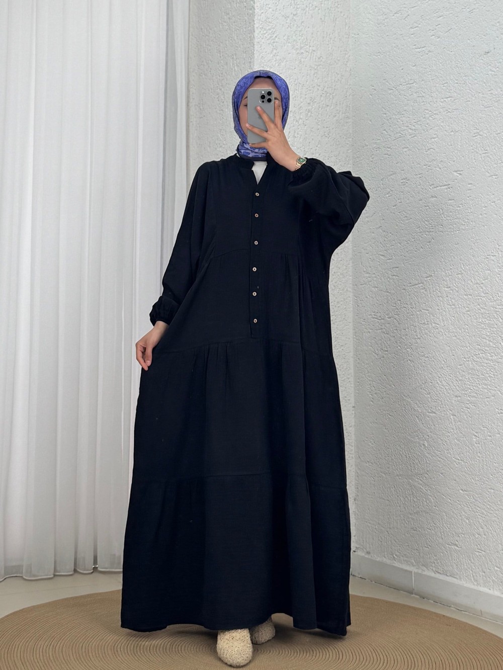 Nurperi Müslin Salaş 6 Düğmeli Elbise-NA2416 Siyah