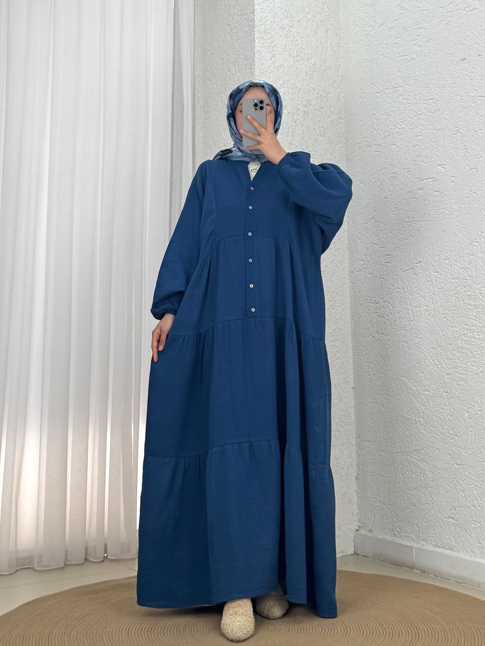 Nurperi Müslin Salaş 6 Düğmeli Elbise-NA2416 Lacivert