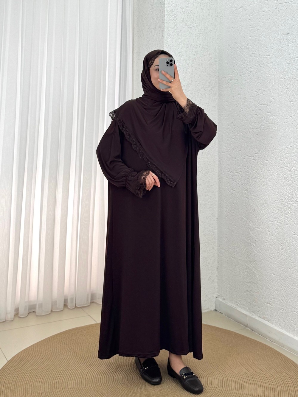 Özel Dantelli Namaz Elbisesi-MT1648 Kahve