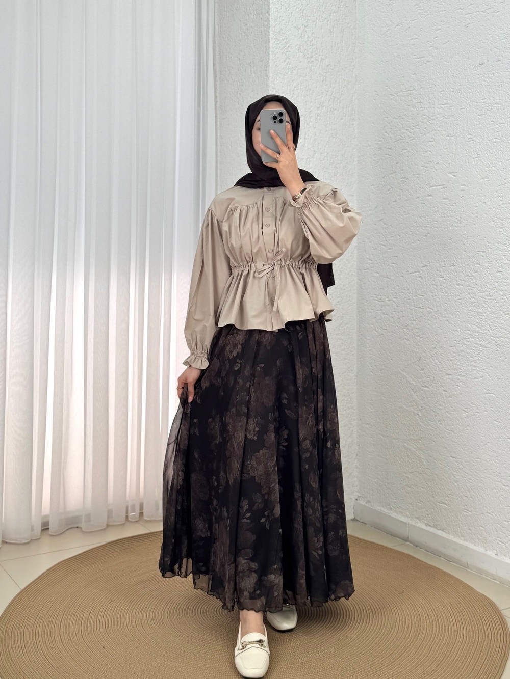 Özgür Çiçek Desenli Astarlı Şifon Etek-PA0207 Kahve
