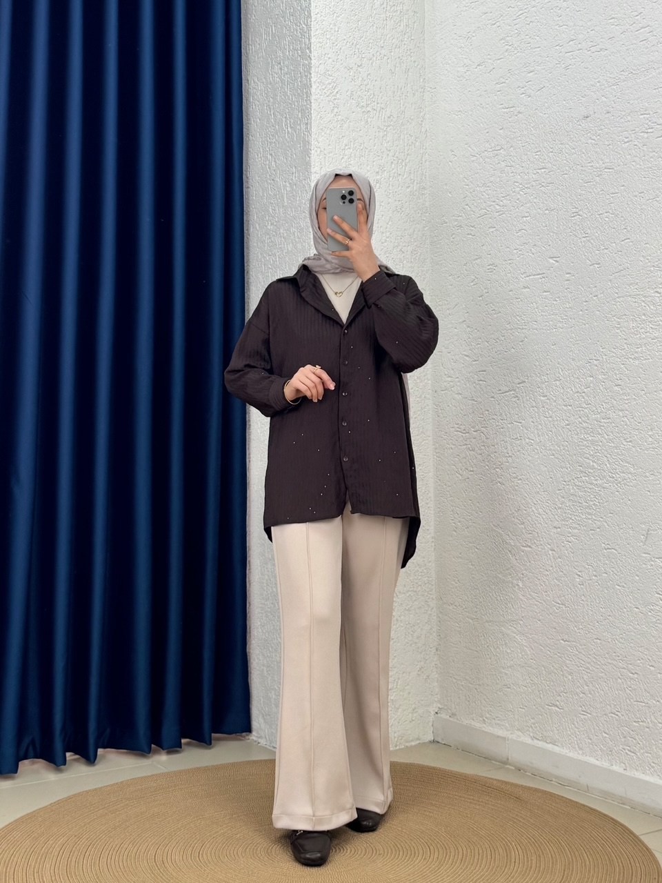 Özün Pullu Oversize Gömlek-NA874 Kahve
