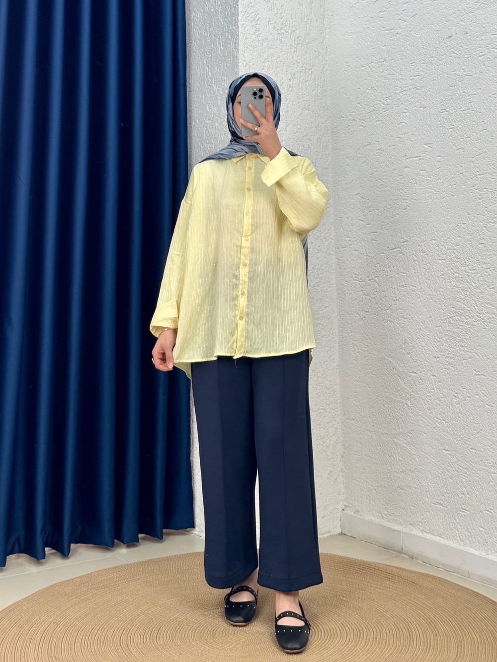 Özün Pullu Oversize Gömlek-NA874 Sarı