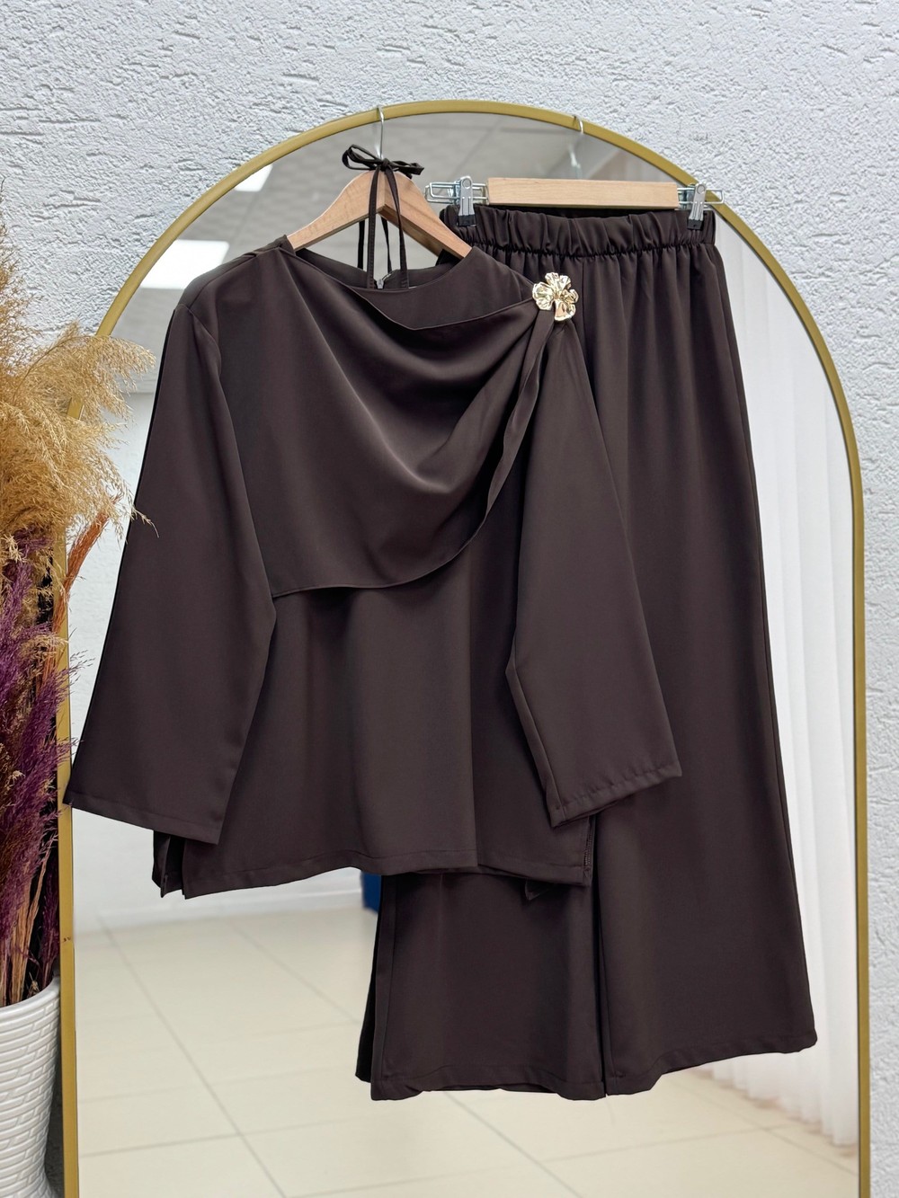 Perinaz Şallı Tokalı Pantolonlu Takım-GS5220 Kahve