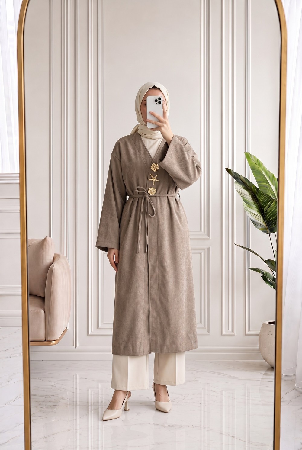 Refia Fitiili Bronşlu Uzun Kimono-GS580 Vizon