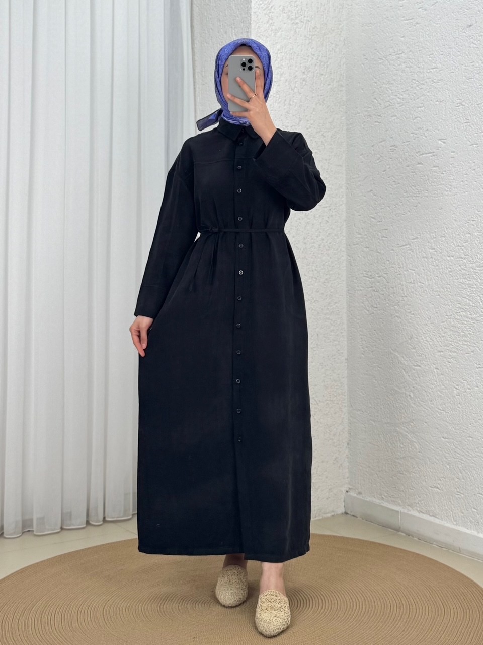 Saadet Önü Robalı Düğmeli Elbise-GS8358 Siyah