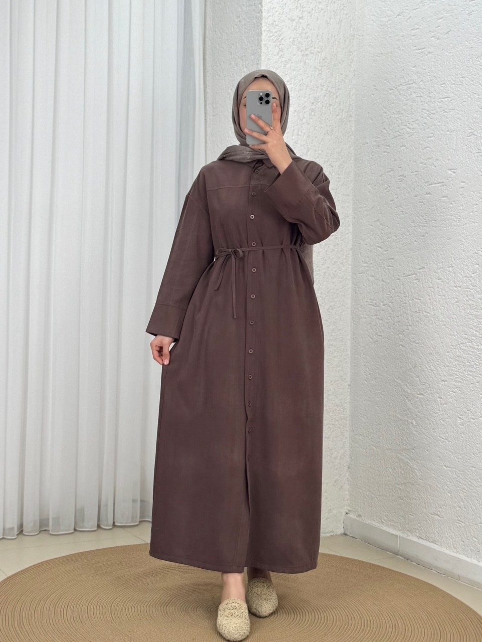 Saadet Önü Robalı Düğmeli Elbise-GS8358 Kahve