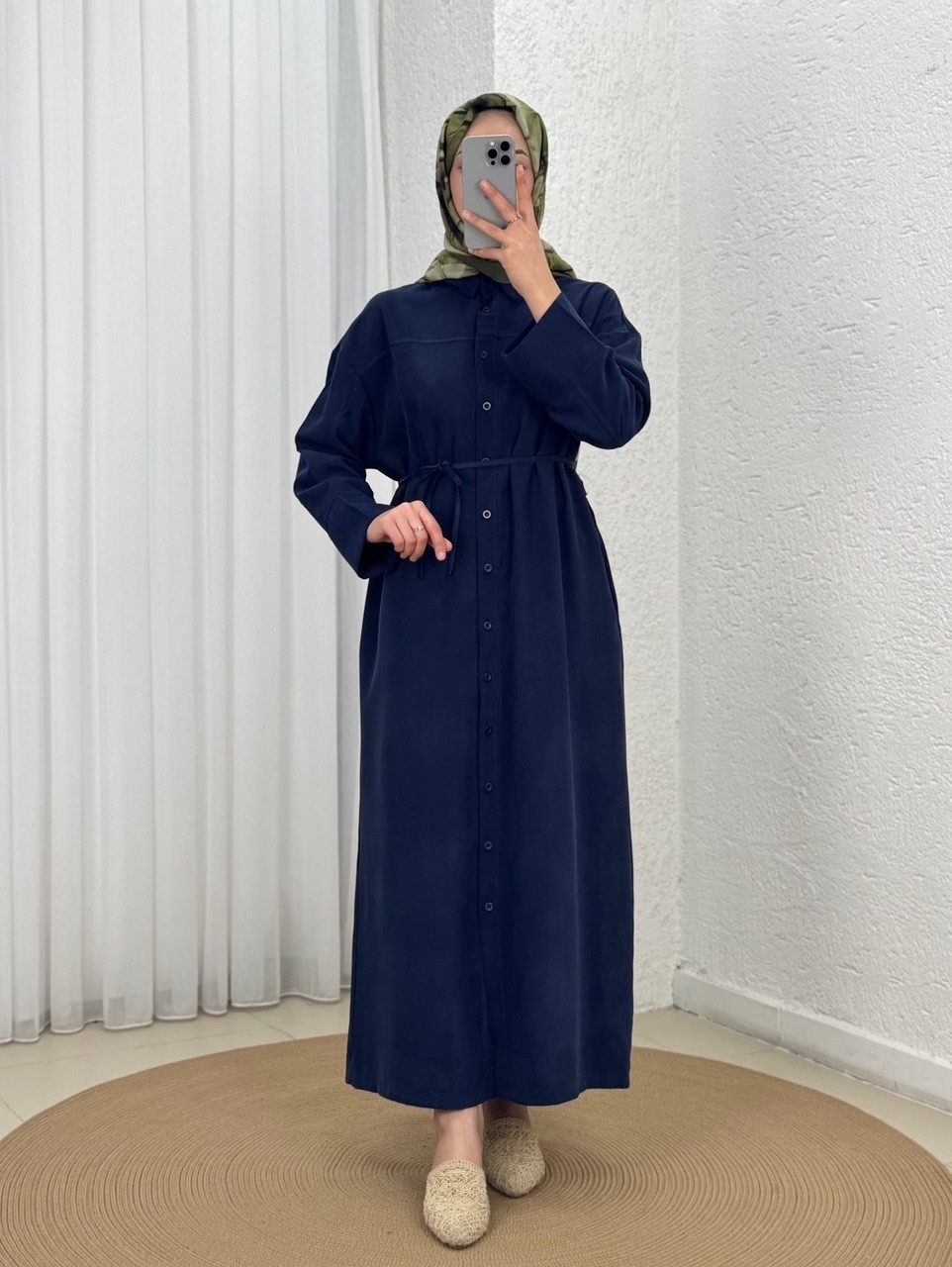 Saadet Önü Robalı Düğmeli Elbise-GS8358 Lacivert