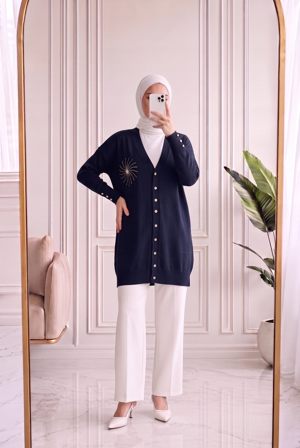 Sabifeza Güneş Taşlı Soğuk İp Hırka-SY3362 Lacivert