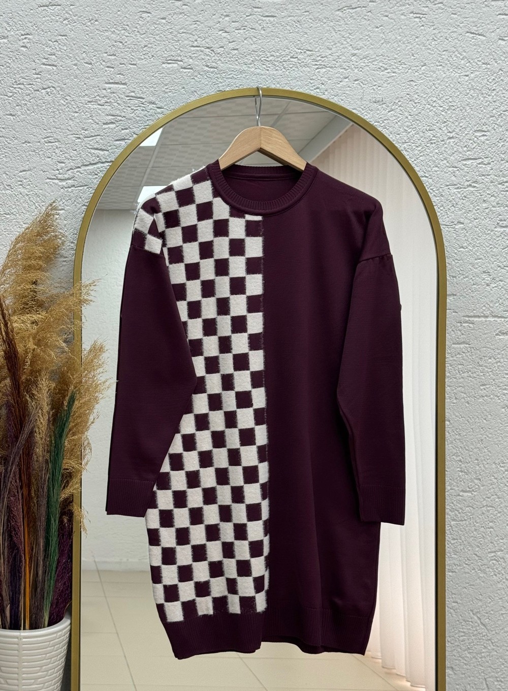 Sabiser Yarısı Kareli Soğuk İp Tunik-SY3376 Mürdüm