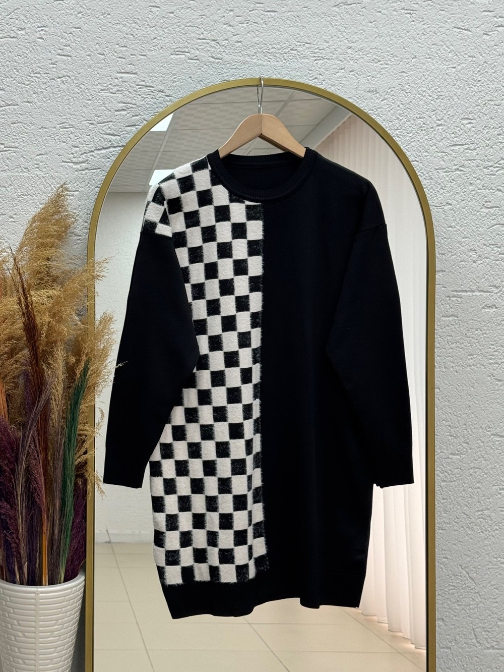 Sabiser Yarısı Kareli Soğuk İp Tunik-SY3376 Siyah