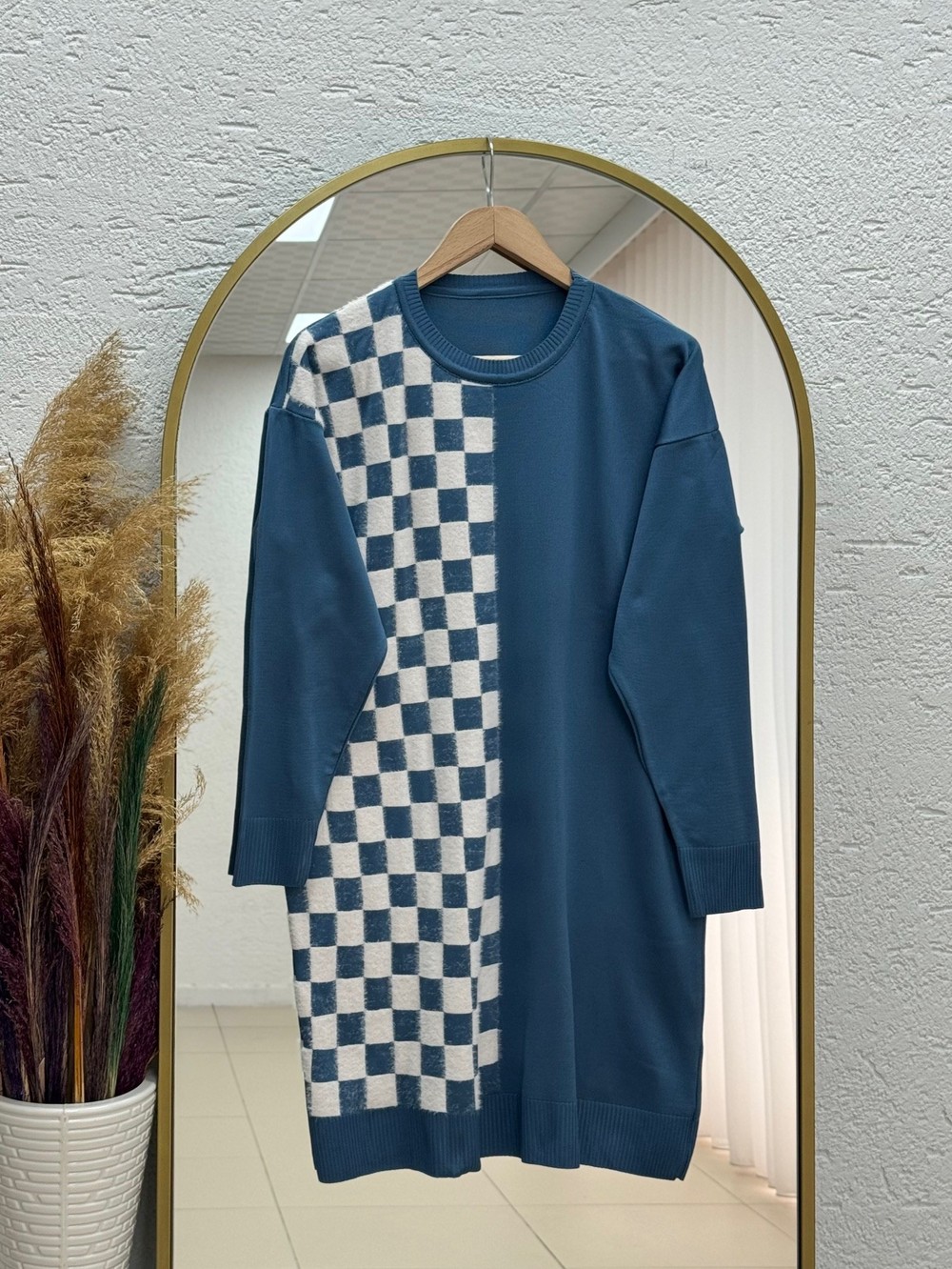 Sabiser Yarısı Kareli Soğuk İp Tunik-SY3376 İndigo