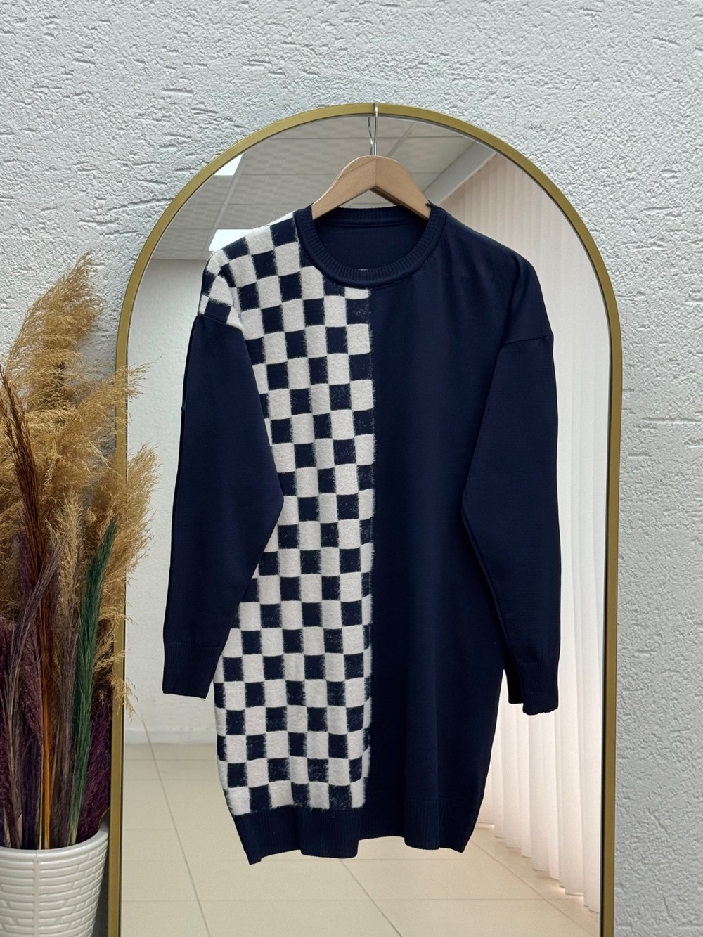 Sabiser Yarısı Kareli Soğuk İp Tunik-SY3376 Lacivert