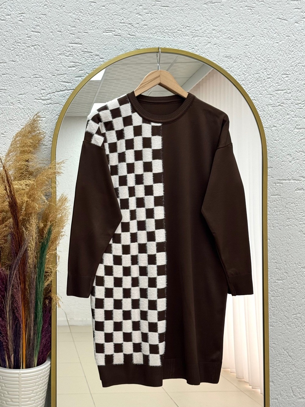 Sabiser Yarısı Kareli Soğuk İp Tunik-SY3376 Kahve