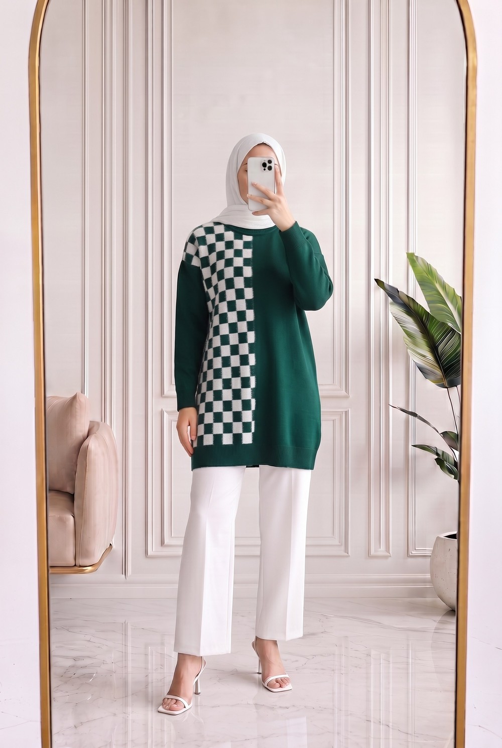 Sabiser Yarısı Kareli Soğuk İp Tunik-SY3376 Yeşil