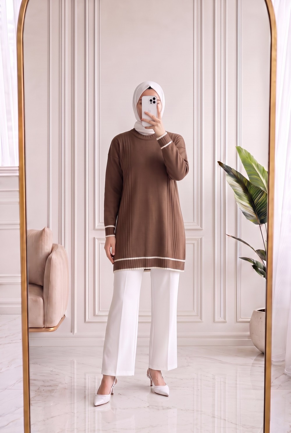 Sabiyar Bisiklet Yaka Kolu ve Altı Çizgili Tunik-SY3374 Sütlü Kahve