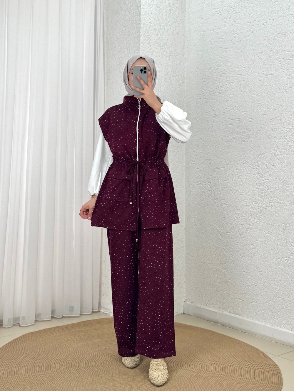 Safir Çift Cepli Sıkmalı Taşlı Yelekli Takım-MF681 Mürdüm
