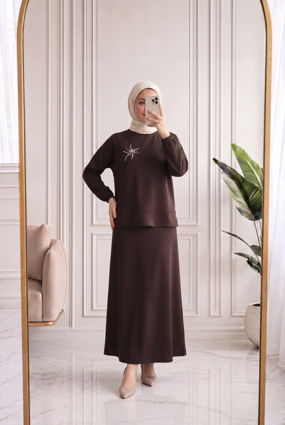 Şahcan Taşlı Etekli Takım-NA3481 Kahve