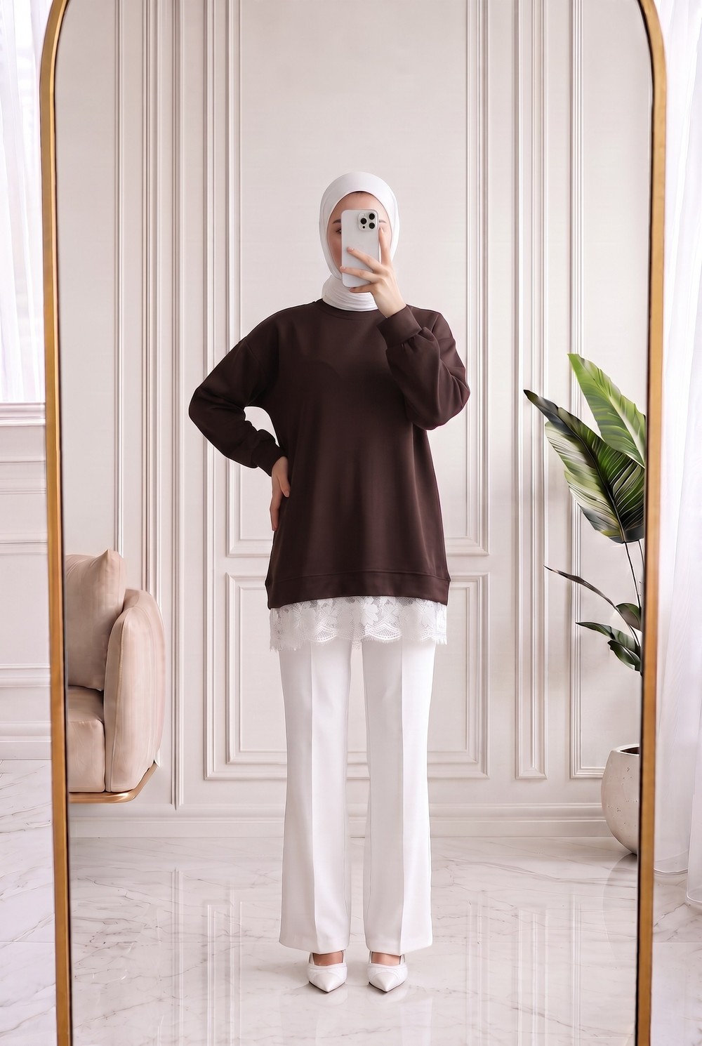 Şahcem Eteği Dantelli Tunik-NA910 Kahve