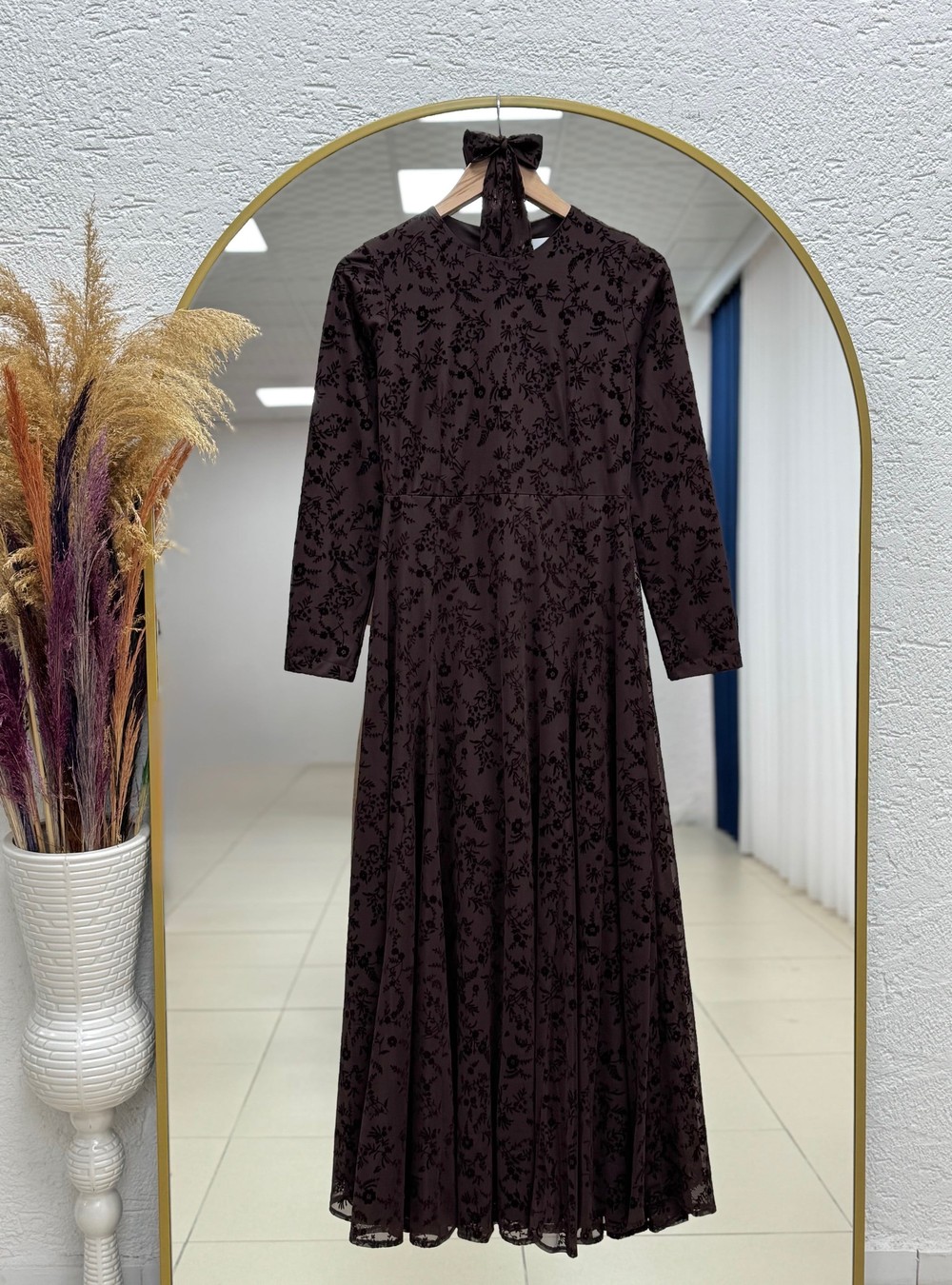 Şahika Flok Desen Dikişli Tül Elbise-PA9822 Kahve