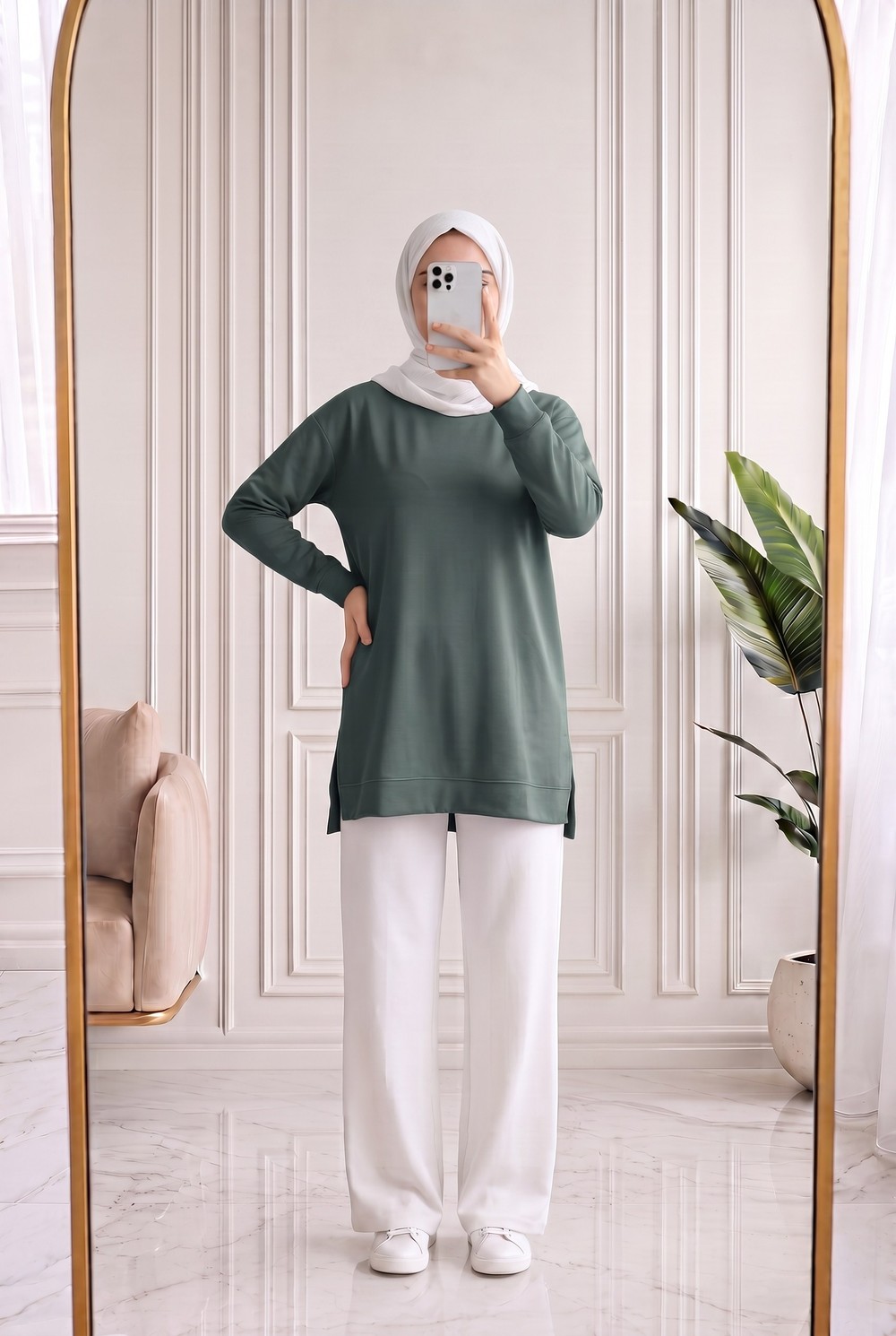 Şahsenem Altı Yırtmaçlı Dikişli Tunik-NA908 Haki