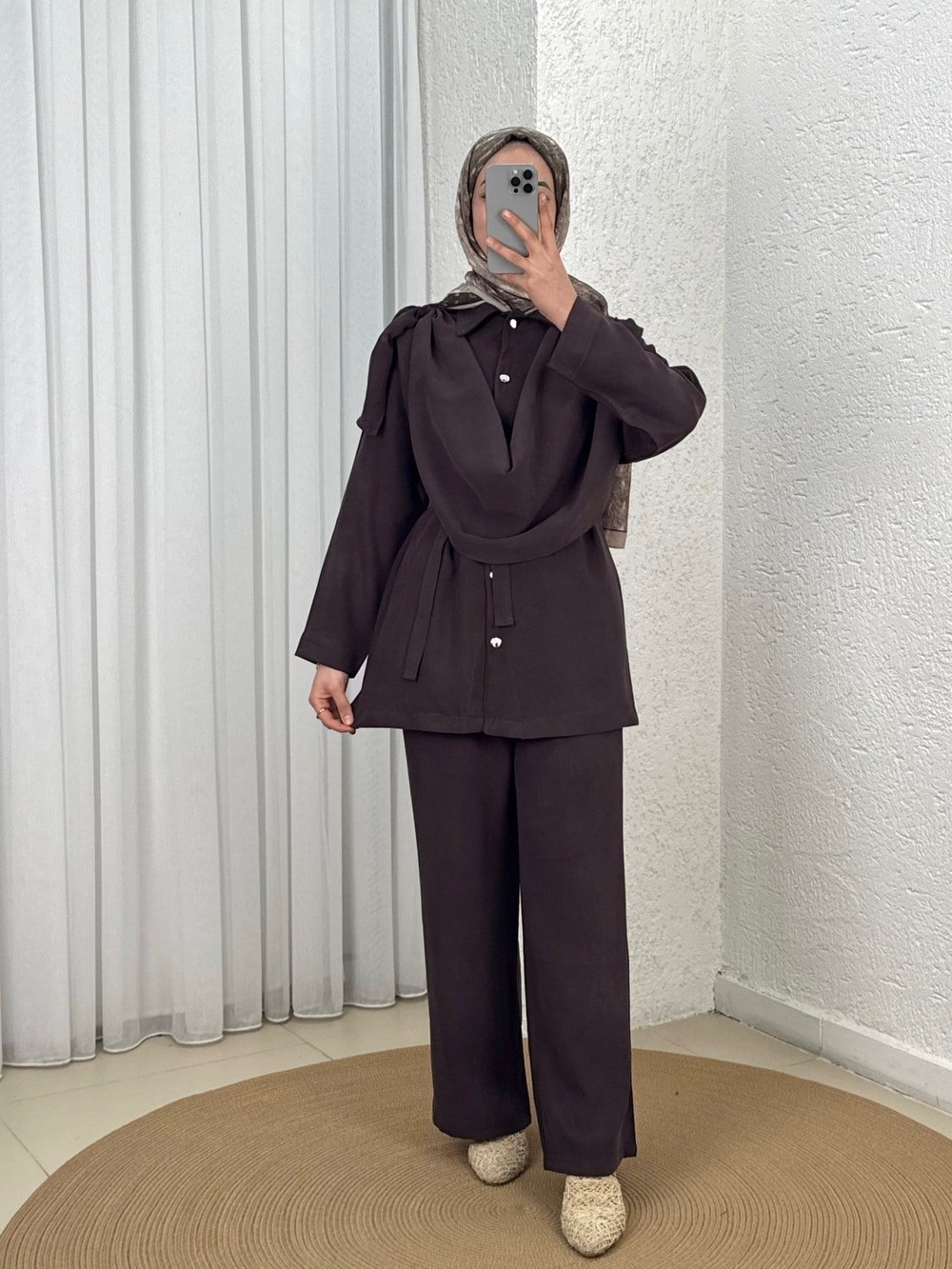 Sanem Metal Düğmeli Şallı Pantolonlu Takım-NA3443 Kahve