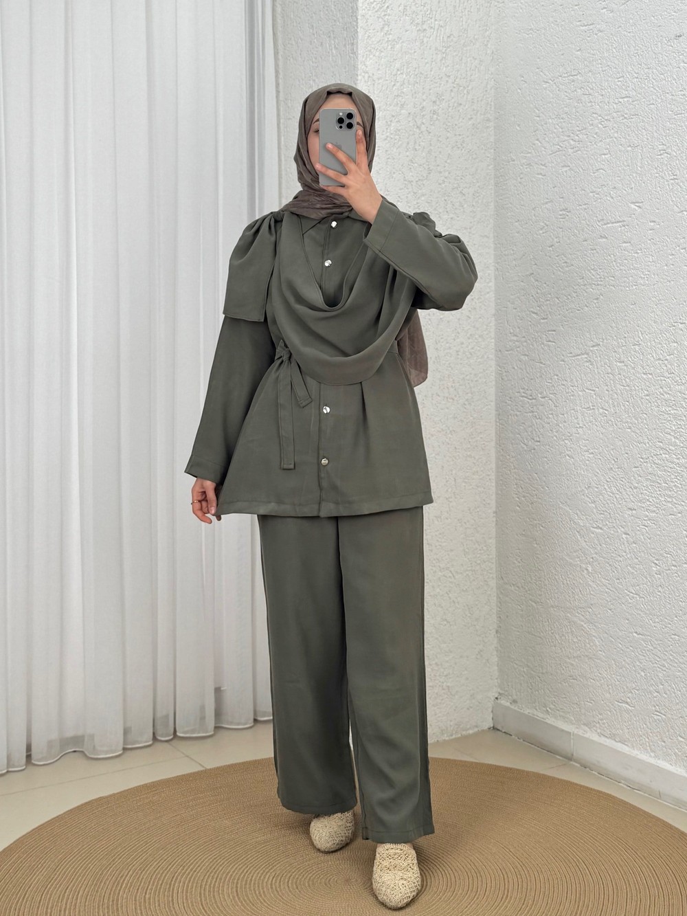 Sanem Metal Düğmeli Şallı Pantolonlu Takım-NA3443 Haki