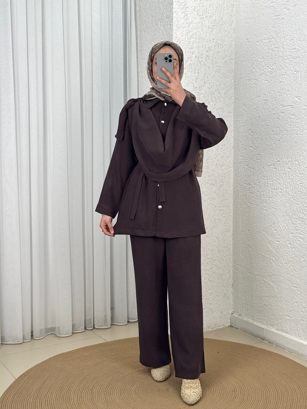 Sanem Metal Düğmeli Şallı Pantolonlu Takım-NA3443 Kahve