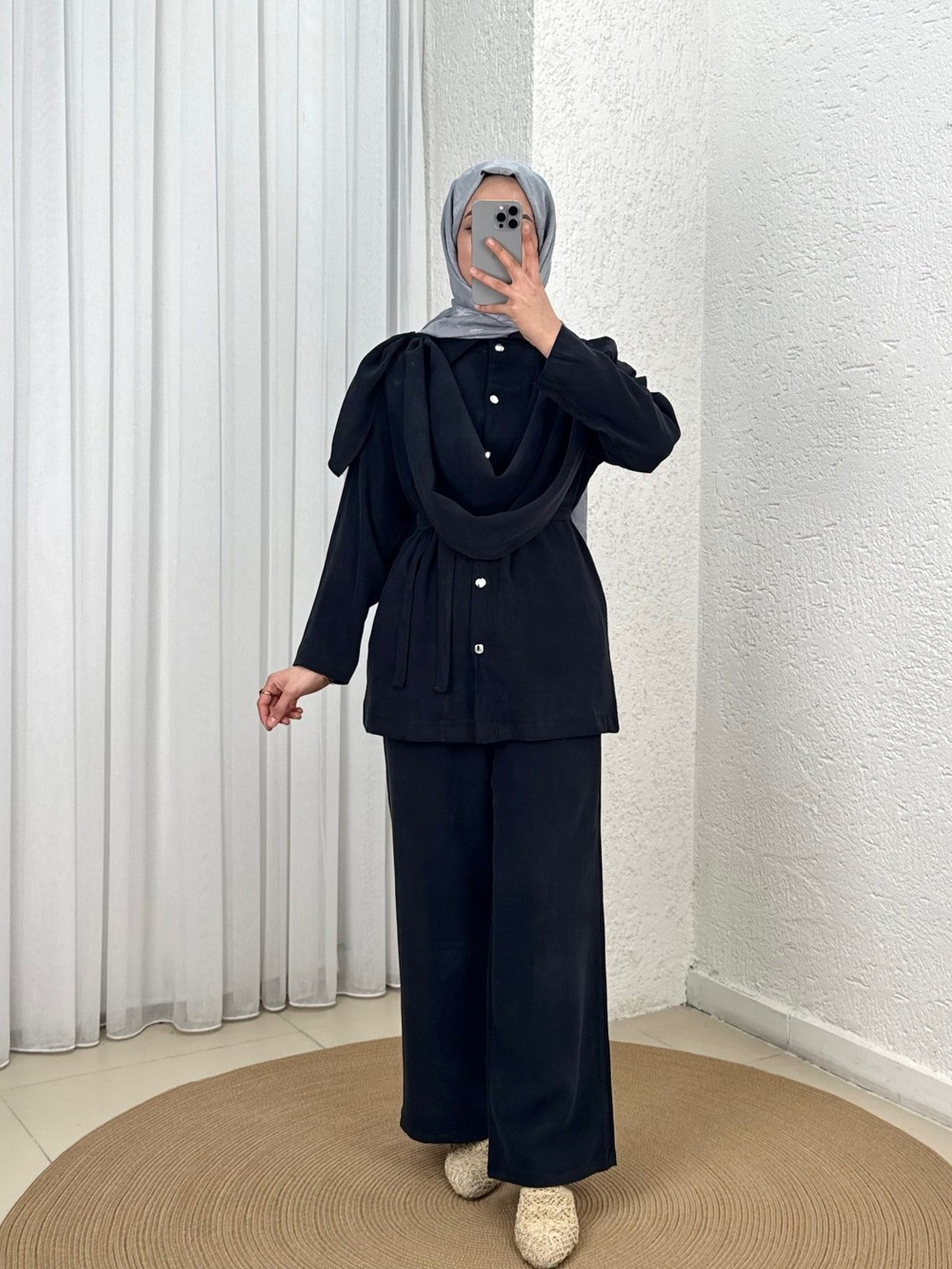 Sanem Metal Düğmeli Şallı Pantolonlu Takım-NA3443 Siyah